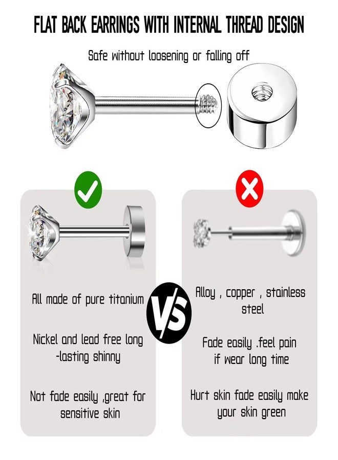 ZDE Women Flatback Earrings Cubic Zirconia Silver Titanium Stud Earrings Flat Back CZ Hypoallergenic Cartilage Tragus Helix Conch Piercing (4MM) - Image 3